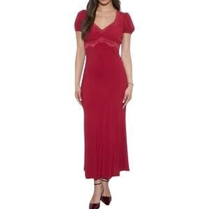 Nordstrom Deep Red Lace Trim Puff Sleeve Midi Dress Size Large NWT